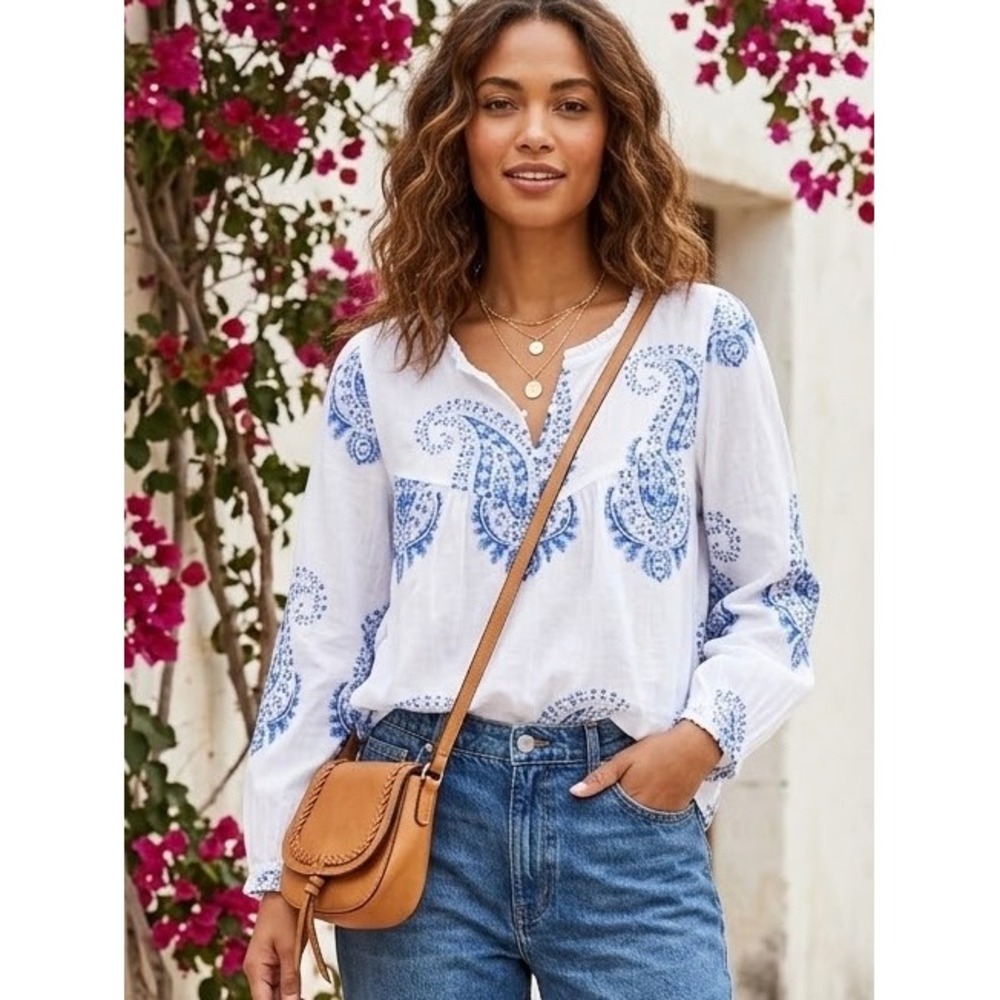 Lucky Brand White Blue Paisley Cotton Gauze Peasant Blouse Small Boho Top